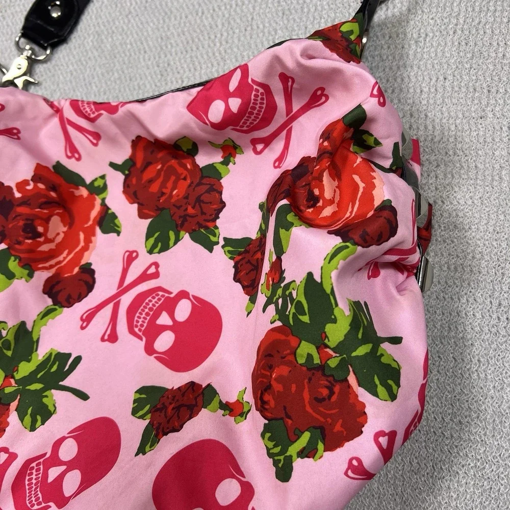 Betseyville Pink Skull Rose Print Hobo Shoulder Bag Studded Accents Y2K Emo Goth